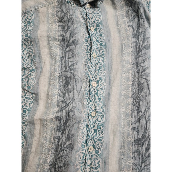Caribbean Mens 100% Linen Long Sleeve Button Down Shirt Blue Floral Stripe Large - Picture 3 of 14
